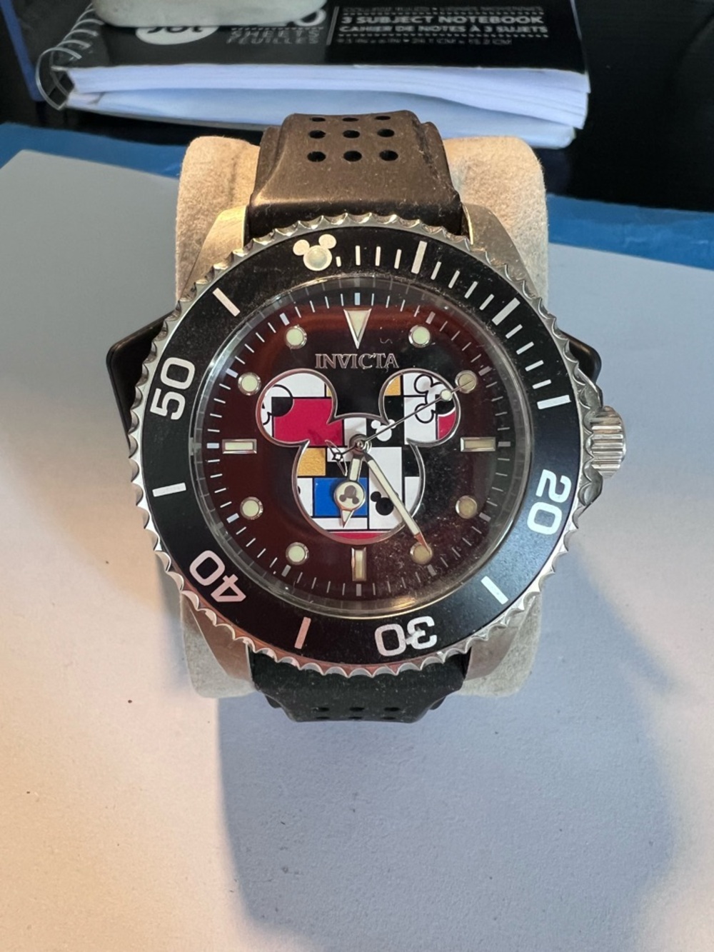 Invicta Black Bezel Watch with Multicolor Mickey Dial